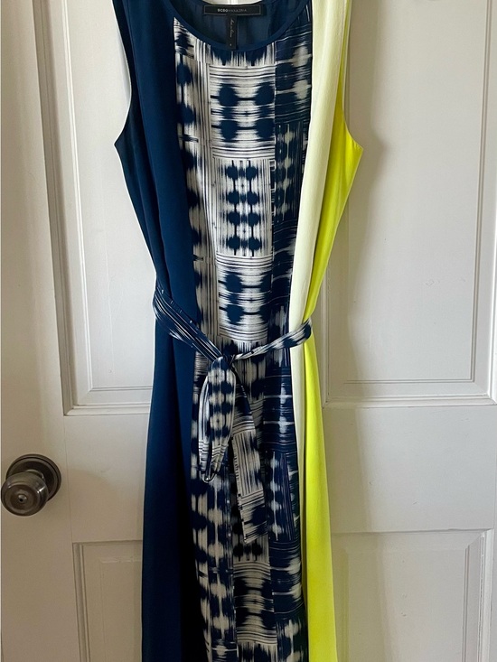 BCBGMaxAzria Dresses & Skirts - BCBGMaxAzria Navy, White & Neon Yellow SILK Sleeveless Midi Dress